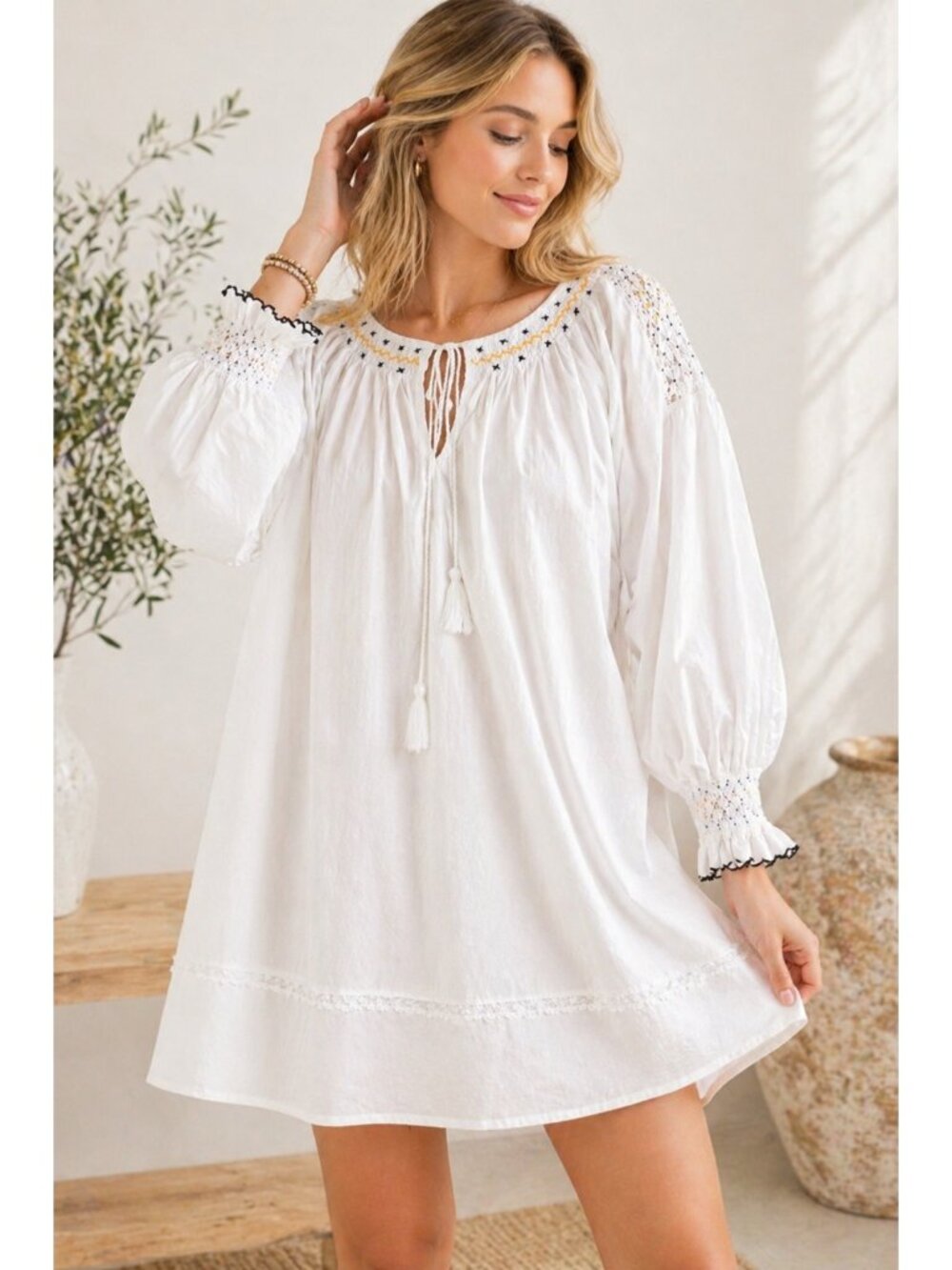 Thierry Colson White Cotton Peasant Tunic Dress Embroidered Boho OS